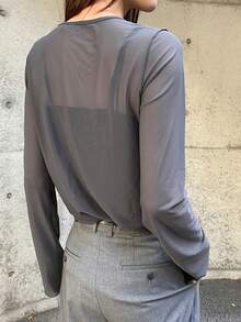 FRIFUL Women's Gray Round Neck Sheer Form-Fitting Layering Top Long Sleeve Women Tops - Dark Grey - View 5