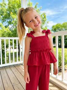 Emery Rose Kids Emery Rose Kids 少女編織素色吊帶上衣與長褲兩件組 - 紅色 - 查看 9