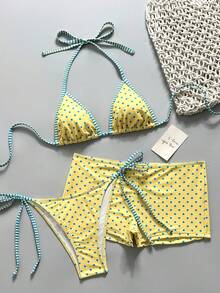 Swim Mod 新款女款三件式泳衣套裝，夏季海灘百搭甜美風藍黃配色，熱門甜美風印花，藍黃圓點印花，藍黃條紋印花搭配荷葉邊設計，掛脖三角上衣，可調節比基尼繫帶，可調節三角泳褲搭配同款男孩短褲，適合夏季海灘、泳池、度假穿著 - 彩色 - 查看 1