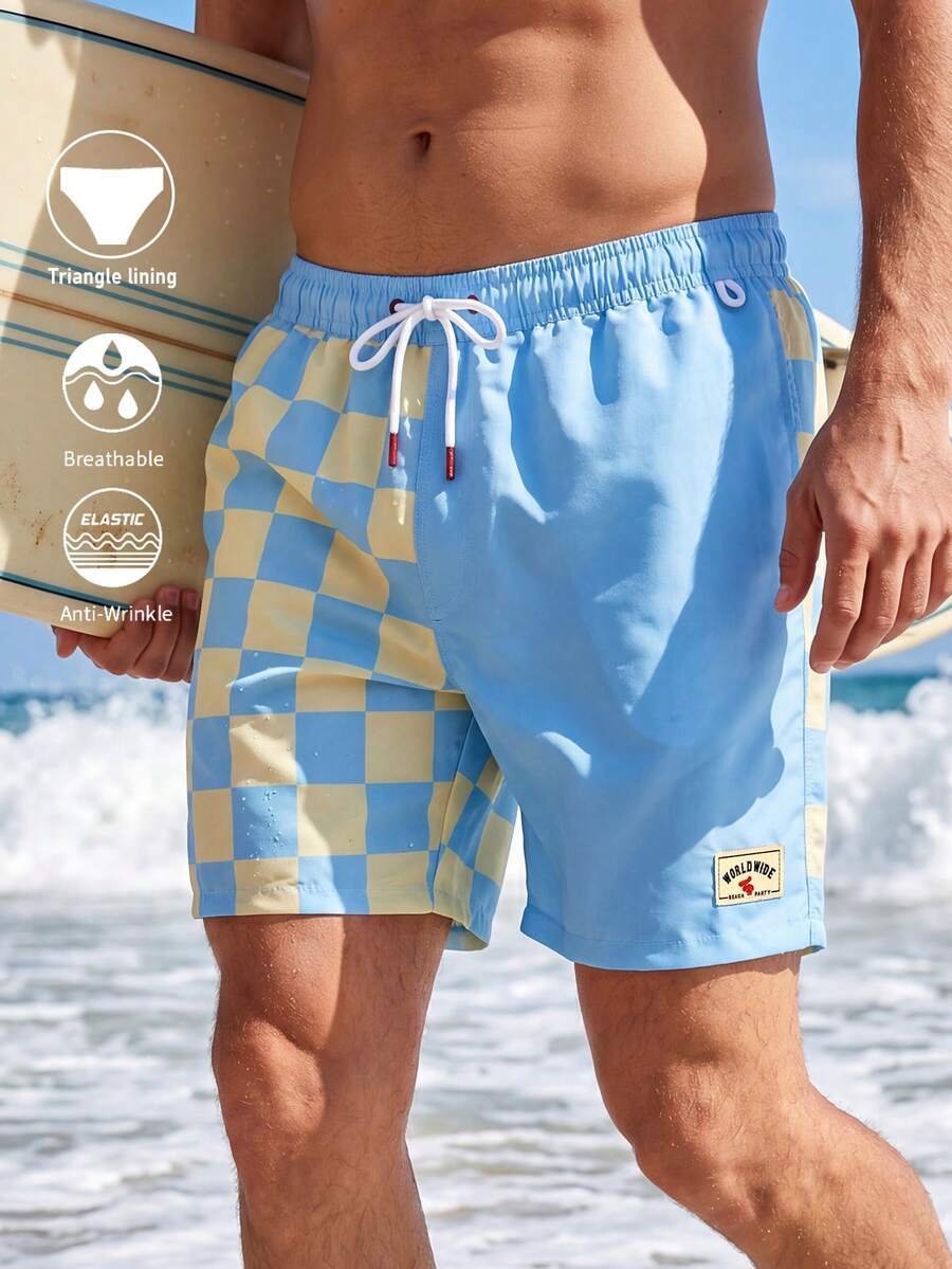 CoralVoy Men's Patch Patchwork Drawstring Waist Pocket Patch Beach Shorts - Baby Blue - View 1