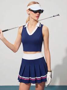 CourtClass CourtClass 女款高爾夫套裝，無袖V領翻領高腰百褶迷你裙，對比色休閒顯瘦戶外運動套裝 - 藏蓝色 - 查看 6