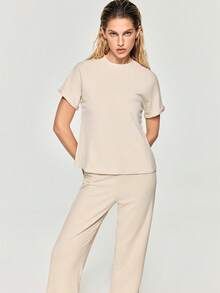 SHEIN Solid Batwing Sleeve Tee & Pants Lounge Set Outfit - Apricot - View 6