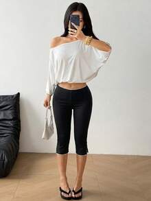 SHEIN EZwear 女款黑色針織緊身七分內搭褲 - 黑色 - 查看 3