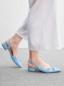 CUCCOO BIZCHIC 優雅藍色金屬尖頭扣帶厚底平底鞋，適合女性，舒適低跟款式，適用於辦公室、婚禮、派對以及春夏鞋款 - 藍色. - 查看 5