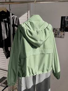 Comfortcana 1pc Solid Color Front Zip-Up Long Sleeve Casual Hooded Sun Protective Lightweight Jacket In Fall/Winter - Olive Green - View 2