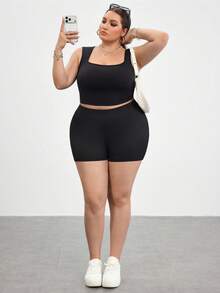 SHEIN CURVE+ Plus Size Women's Solid Color Casual Versatile Daily Wear Skinny Shorts, Spring/Summer - Black - View 7