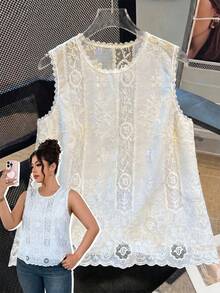 Elenzga 1pc Hollow Embroidery Woven Fabric Sleeveless Round Neck Lace Trim Patchwork Design Scalloped/Wavy Hollow Hem Spring Summer Blouse Elegant Casual Commute Date Afternoon Tea Vacation Travel Leisure Streetwear Exquisite Elegant Daily Wear Spring Summer Blouse - White - View 4