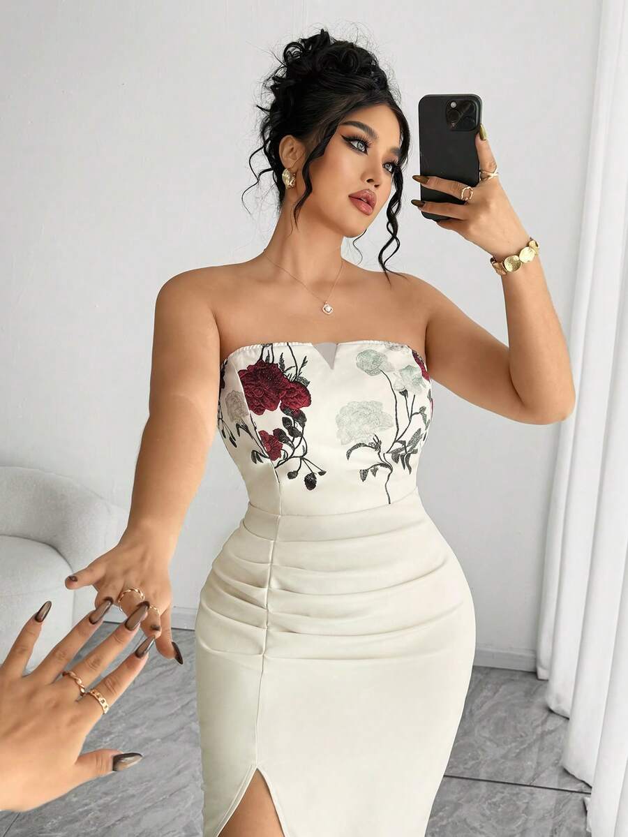 Elenzga Plus Size Beige Elegant Floral Print Strapless Dress, Summer Slim Fit Slit Waist Mesh Ruffle Hem Gown For Parties, Weddings & Galas - Apricot - View 1