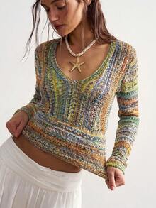 Bohemela Women's V-Neck Long Sleeve Colorblock Fashion Knit Top - Multicolor - View 10