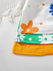 SHEIN Playful Pals 2025新款夏季女嬰無袖細肩帶洋裝套裝，滿版碎花印花與素色洋裝，田園風，多巴胺配色，時尚可愛，3件/套 - 彩色 - 查看 4
