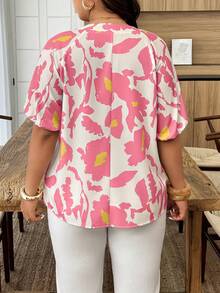 Weeklong Plus Size Women Spring/Summer Notched Collar Elastic Cuff Botanical Print Casual Business Casual Traditional Vacation Shirt Office Evening Pastel Pink - Multicolor - View 2