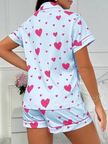 SHEIN Heart Print Lapel Open Front Short Sleeve Shorts Ribbed Pajama Set - Blue - View 2