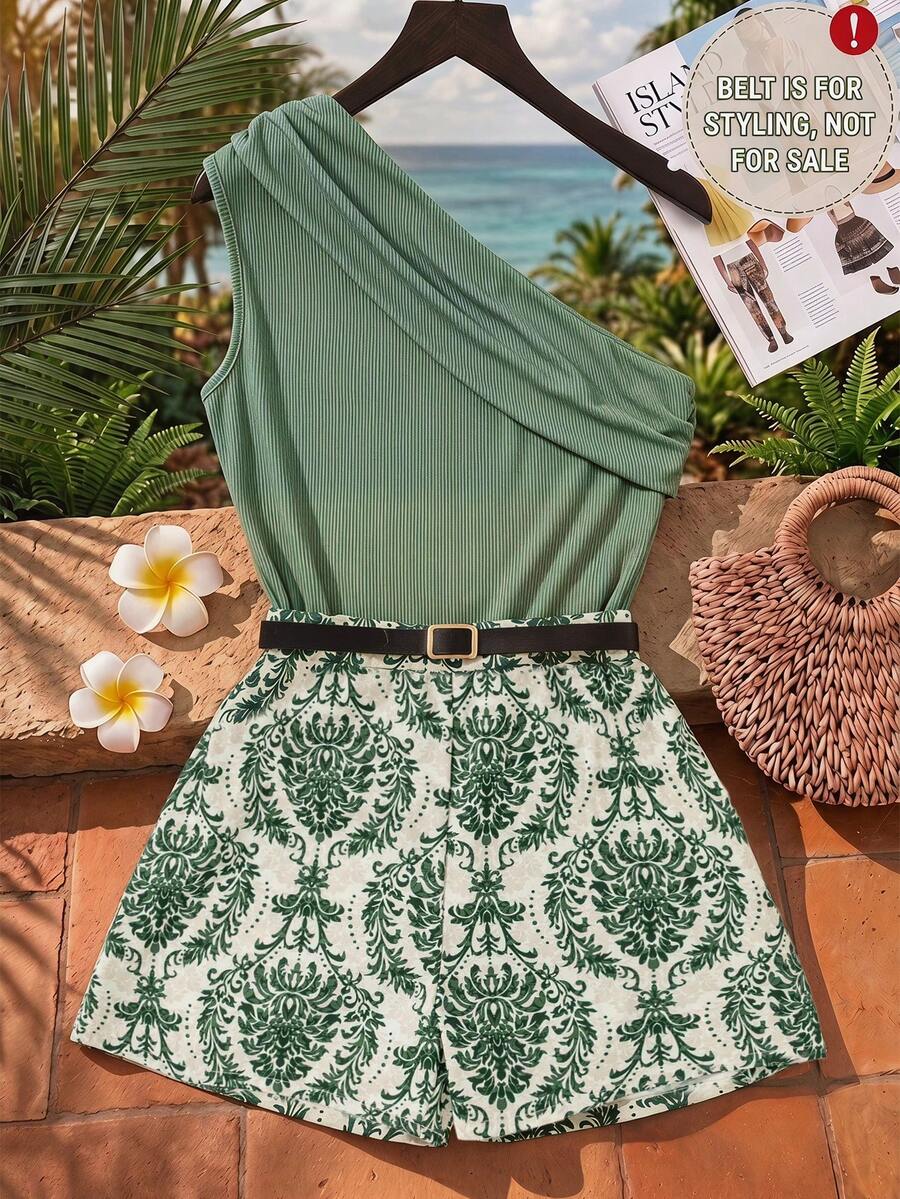 Teenager Set Asymmetrical Shoulder Top Paired With Vintage Baroque Print Shorts, 1 Random Set, Loose, Vacation, Back To School - Green - View 1