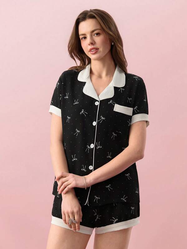 Bonmuse 2 piezas Conjunto de pijama para mujer, parte superior con cuello y manga corta con estampado de lunares y moño en contraste, con bolsillo, y shorts con moño, ropa de dormir y de estar en casa para todas las estaciones