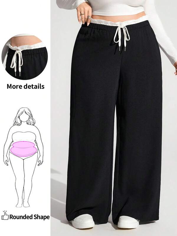 Enliva Jolene.Mendez Plus Size Women's Black & White Contrast Ruffle Hem Belted Wide Leg Loose Casual Pants, For Apple Rounded Body Shape