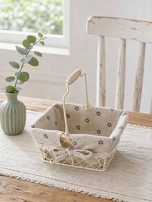 Haus Hana 1PC Rustic Farmhouse Wire Storage Basket With Handle Metal Iron Frame With Floral Linen Liner Lace Bow Decor Removable Lining Multi-Purpose Organizer Bin For Sundries Snacks Cosmetics Ideal For Home Kitchen Bathroom Picnic Perfect Gift - Multicolor - View 11
