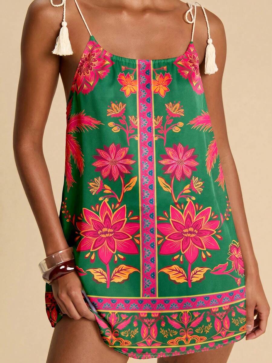 Travachic Women's Floral Print Shoulder Tassel Knot Strap Cover-Up Dress - Multicolor - View 1
