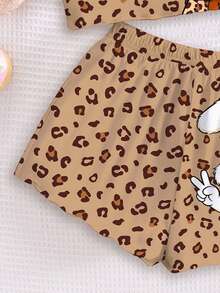 Young Girls Casual Simple Cute Cartoon Leopard Print Rabbit Graphic, Maillard Color Palette, Camisole Top And Shorts Loungewear 7th Birthday - Multicolor - View 7