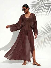 Zivah Women's Solid Color V-Neck Split Design Casual Vacation Travel Cover-Up Dress - Brown - View 10