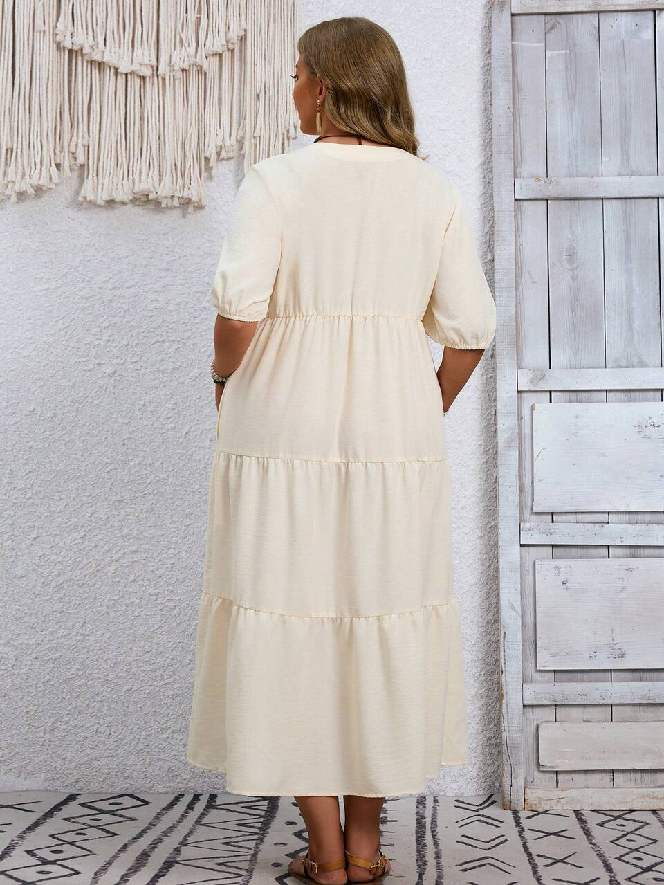 Plus Size Women's Vacation Botanical Print Cutout V-Neck Ruffle Hem Dress Vacation Beige Summer Boho