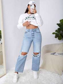 Rivivi Plus Size Distressed Denim Jeans Spring Summer Back-To-School Light Blue Beach Baggy Birthday Club Goth Vacation Cowboy - Medium Wash - View 3