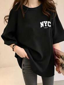 女款黑色紐約市 NYC 字母印花寬鬆圓領短袖 T 恤，休閒夏季上衣，優雅舒適設計，休閒外出 T 恤，紐約大尺碼 T 恤，復古 T 恤 - 黑色 - 查看 1