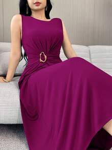 Feyla Waist Pleated Metal Buckle Waist-Defining Elegant Elegant Party Commute Versatile Dress - Red Violet - View 2