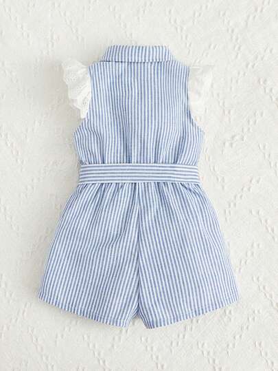 Baby Girl Summer Casual Striped Button Half-Placket Cap Sleeve Romper