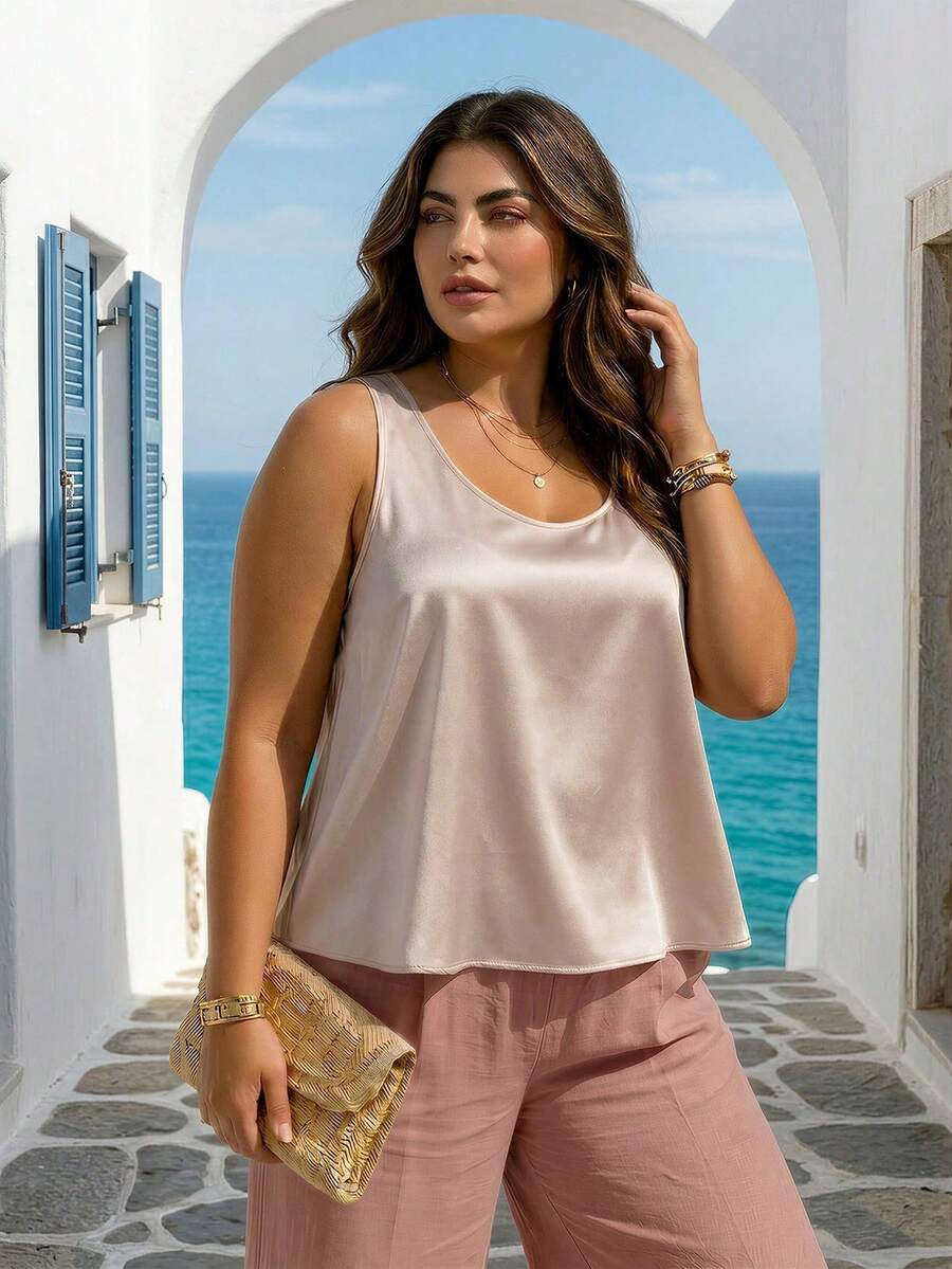 ELLERISSA Plus Size Apricot Satin Low Scoop Cami Top - Apricot - View 1