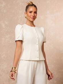 Lumalex Women's Elegant High Neck Gigot Sleeve Slim Fit Ivory Short Sleeve Blazer, Waist-Cinching Elegant Women's Blouse, Outing Top, Women's Outing Top, Women's Office Blouse, Women's Office Blouse, Formal Business Blouse, Luxurious New Year New Look, Low-Key Luxury, Ball Party Gathering Banquet, Low-Key Luxury, Sparkling Holiday Party Celebration - Apricot - View 7