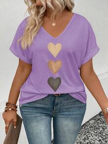 EMERY ROSE Women's Spring/Summer V-Neck Folded Cuff, Gradient Heart Print Pattern Casual Versatile T-Shirt - Lilac Purple - View 5