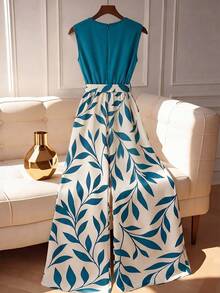 Franclia 新款時尚植物印花V領拼色連身褲 - 藍色 - 查看 2