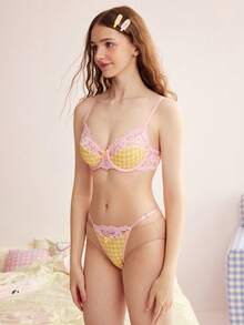 Eraneu 2pcs Plaid & Lace Patchwork Lingerie Set, Fashionable - Multicolor - View 4