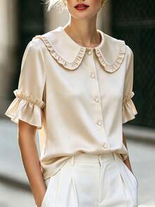 SHEIN Elegant Beige Summer Women's Blouses,Peter Pan Collar Ruffled Short-Sleeved Sparkly Tea Party Wedding Guest Ceremonial Beach Teachers' Day Wear - Apricot - View 1