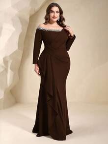 Coutiva Vestido de noche formal de talla grande (muy enjoyado) - Marrón - Ver 6