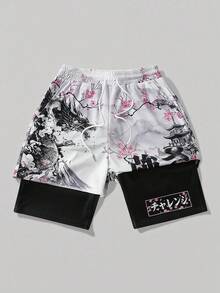 ROMWE MEN Anime Men's Printed Basketball Shorts With 2 In 1 Design, Suitable For Daily Wear In Spring And Summer - White - View 1