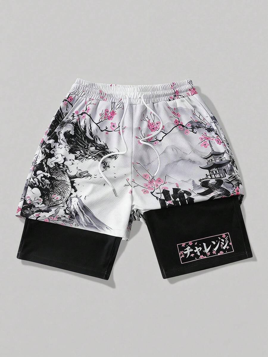 ROMWE MEN Anime Men's Printed Basketball Shorts With 2 In 1 Design, Suitable For Daily Wear In Spring And Summer - White - View 1