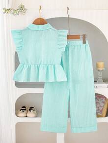 Elladie kids 女童夏季新款極簡風荷葉袖蝴蝶結裝飾露背水滴條紋上衣 & 休閒直筒短褲套裝，百搭通勤甜美穿搭 - 綠色 - 查看 3