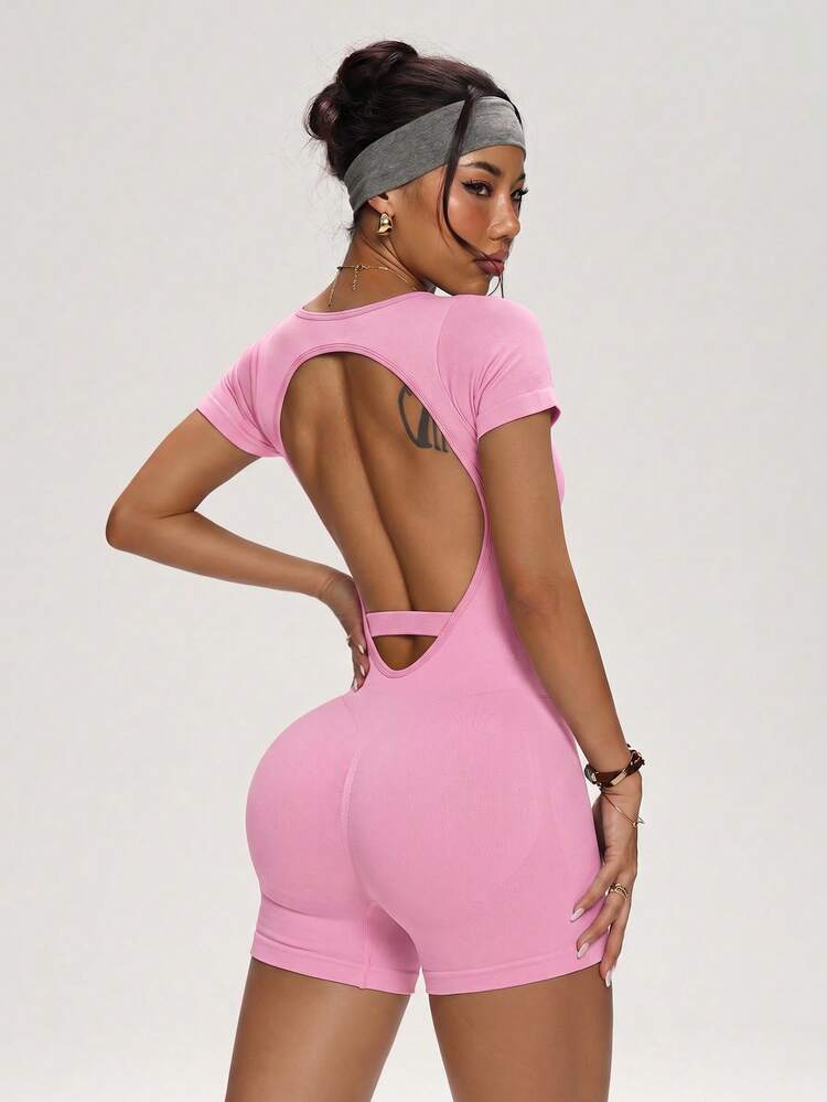 Slayform Women's Seamless Solid Color Backless Tight Short Sleeve Sports Jumpsuit, Athletic Wear, Suitable For Fitness Training And Daily Wear - Pink - View 3