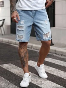 Manfinity LEGND Shorts de mezclilla con botones, efecto desgastado y lavado, de largo hasta la rodilla, para hombres de talla grande - Azul - Ver 2
