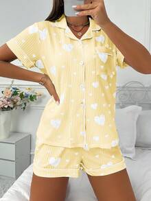 SHEIN Heart Print Lapel Open Front Short Sleeve Shorts Ribbed Pajama Set - Yellow - View 3
