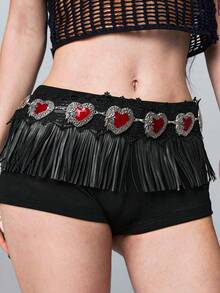 ROMWE Goth 1件裝女士黑色蕾絲流蘇裝飾紅色愛心金屬配件裝飾深色哥德風金屬腰鍊萬聖節配件日常百搭 - 蕾絲流蘇滴油愛心腰鏈 - 查看 1