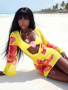Amplova Women's Floral Print Mesh Avant-Garde Mini Set, Backless Sheer Details, Pastal, Autumn, Casual Sexy, Beach Golf, Holiday Vacation - Yellow - View 2