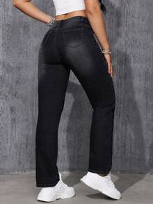 SHEIN ICON Women's Fashion Versatile Pocket Button Casual Denim Jeans - Black - View 2