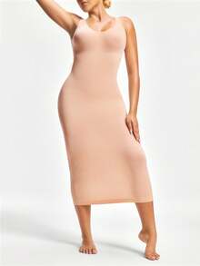 SHAPORA Women Solid Color Crew Neck Long Fitted Bodycon Dress, Sleeveless - Apricot - View 5