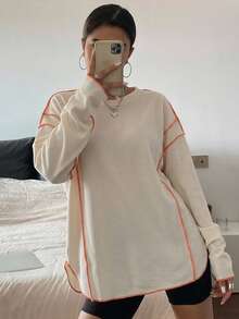 FRIFUL Women's Casual Loose Fit Round Neck Drop Shoulder Long Sleeve T-Shirt - Apricot - View 7