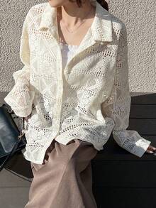 FRIFUL Women's Loose Lace Blouse, Spring Sheer Fall - Beige - View 3