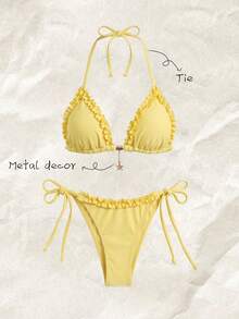 Elavelle Spring/Summer Women's Solid Color Halter Neck Ruffle Bikini Set - Yellow - View 1
