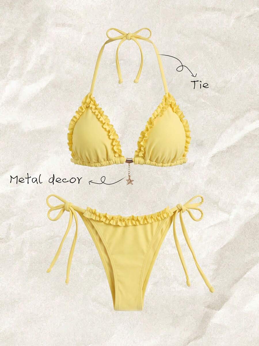 Elavelle Spring/Summer Women's Solid Color Halter Neck Ruffle Bikini Set - Yellow - View 1