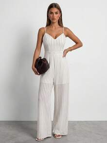 Livesso Combinaison blanche pour femmes, débardeur, style décontracté d'été, rayures, mariage, vacances, tropical, business décontracté - Beige - Voir 9